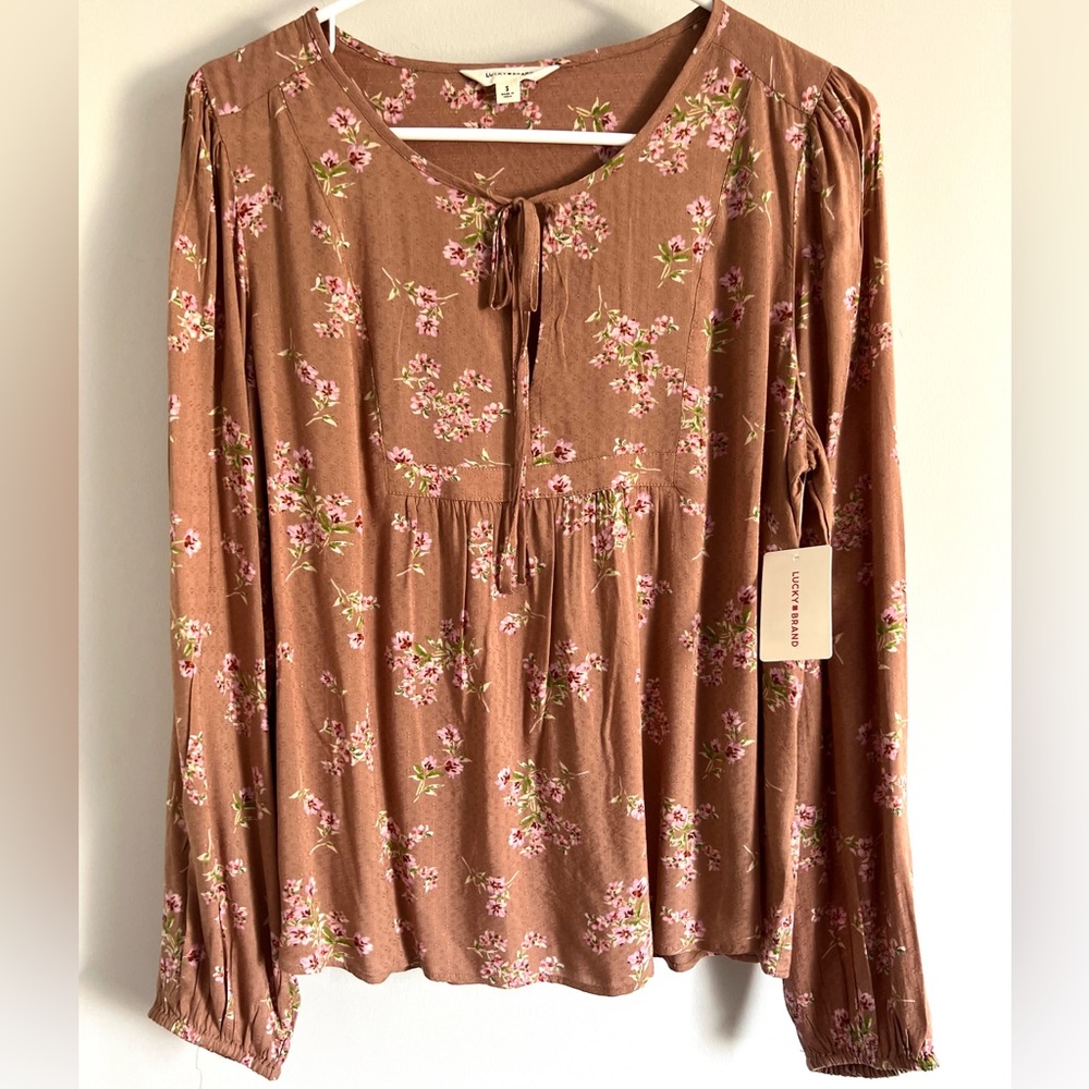 LUCKY BRAND Taupe Floral Peasant Top-Boho Blouse- Size Small NWT - Picture 3 of 10